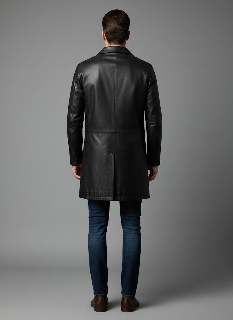 Men's Cowhide Black Long Leather Coat - Left
