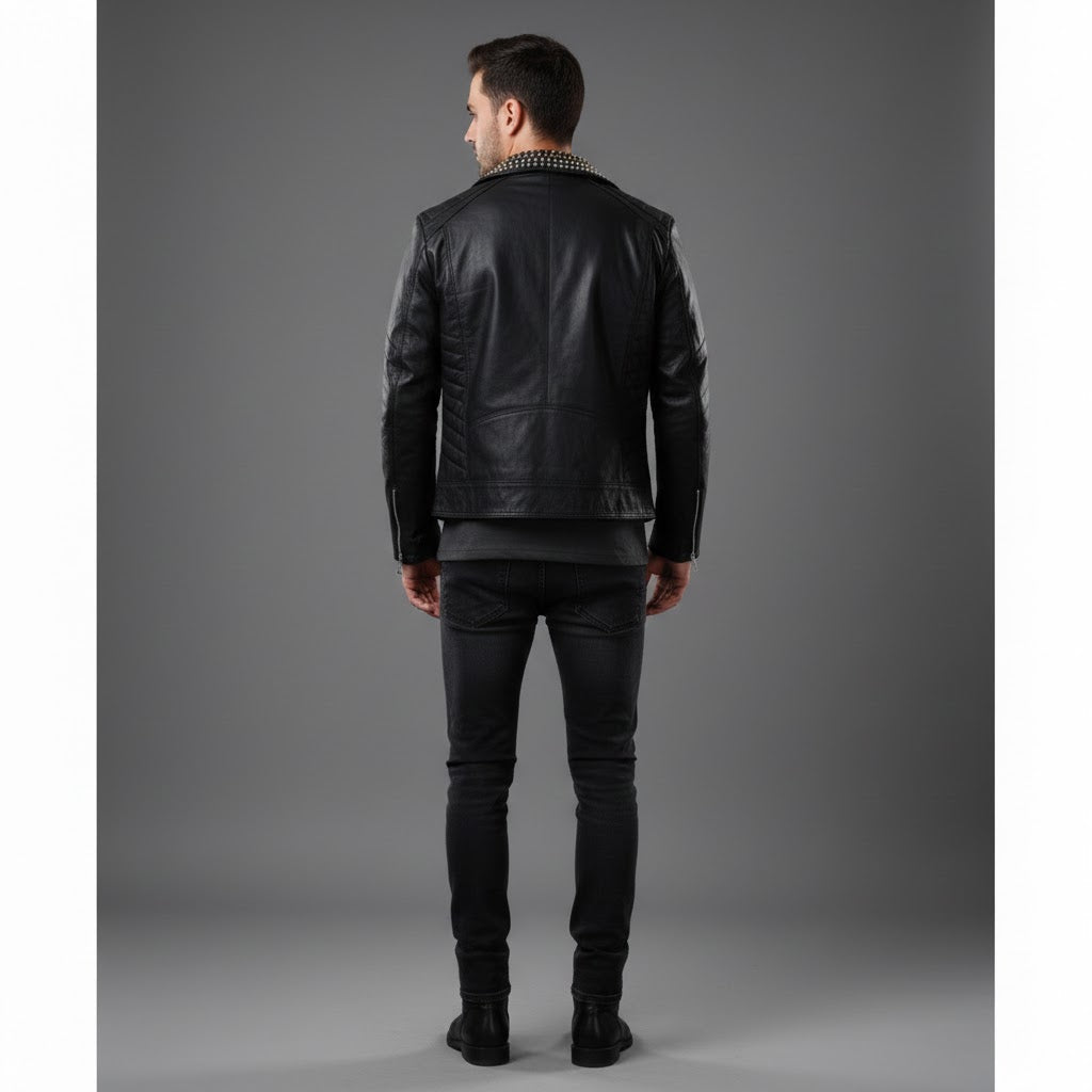 Men's Studded Lambskin Leather Jacket - Left