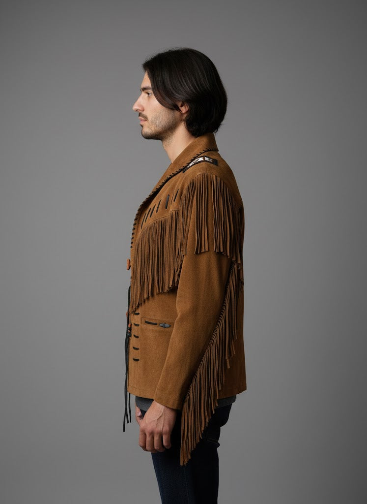 Men's Suede Leather Fringe Cowboy Jacket - Back