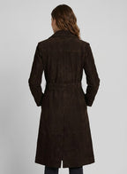 Women's Dark Brown Suede Leather Long Coat - Back