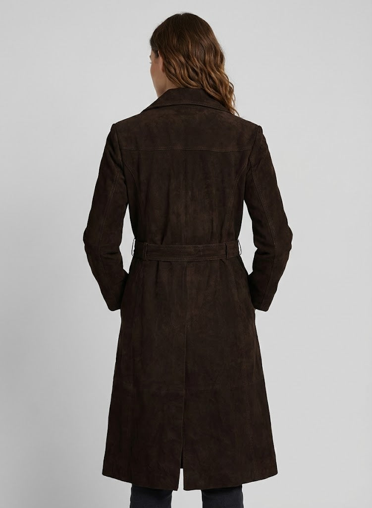 Women's Dark Brown Suede Leather Long Coat - Back