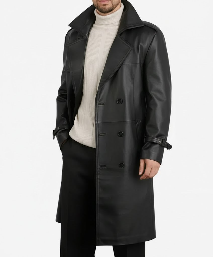 Men's Classic Genuine Leather Trench Coat - Front