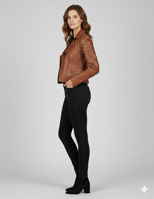 Brown Leather Biker Jacket for Women - Back
