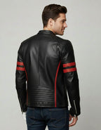 Men's Black Leather Biker Jacket with Red Stripes - Left