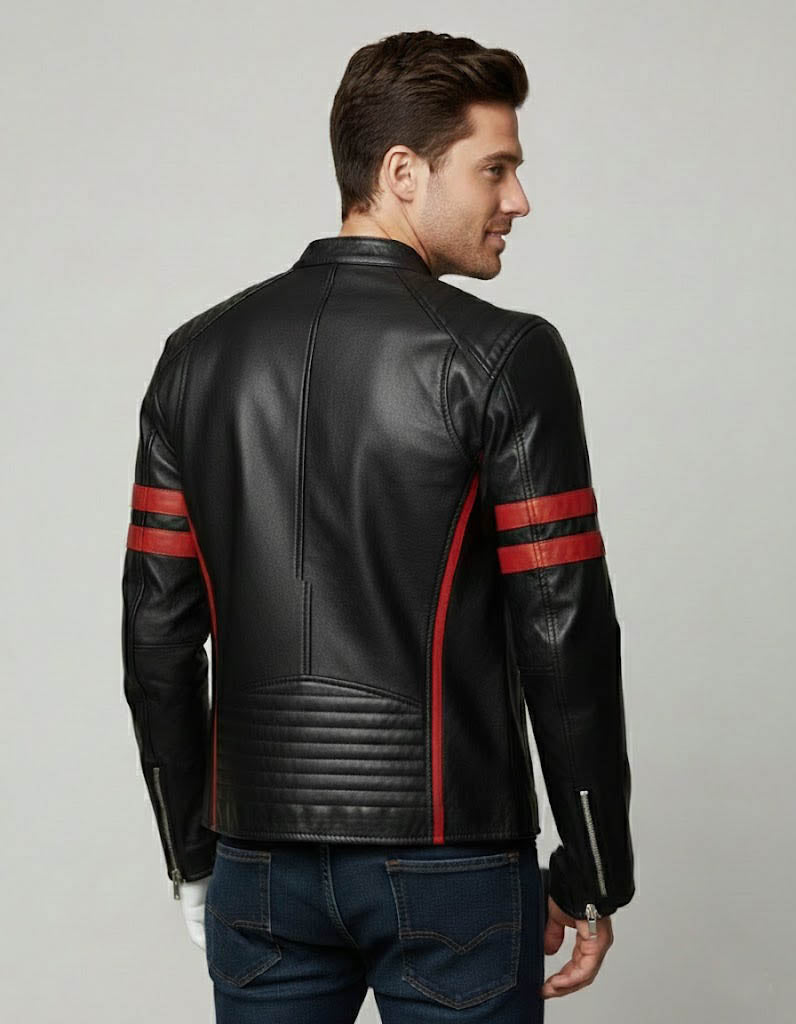 Men's Black Leather Biker Jacket with Red Stripes - Left