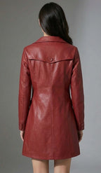 Women's Maroon PU Leather Trench Coat - Left
