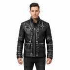 Men's Black Leather Biker Jacket Premium - Front