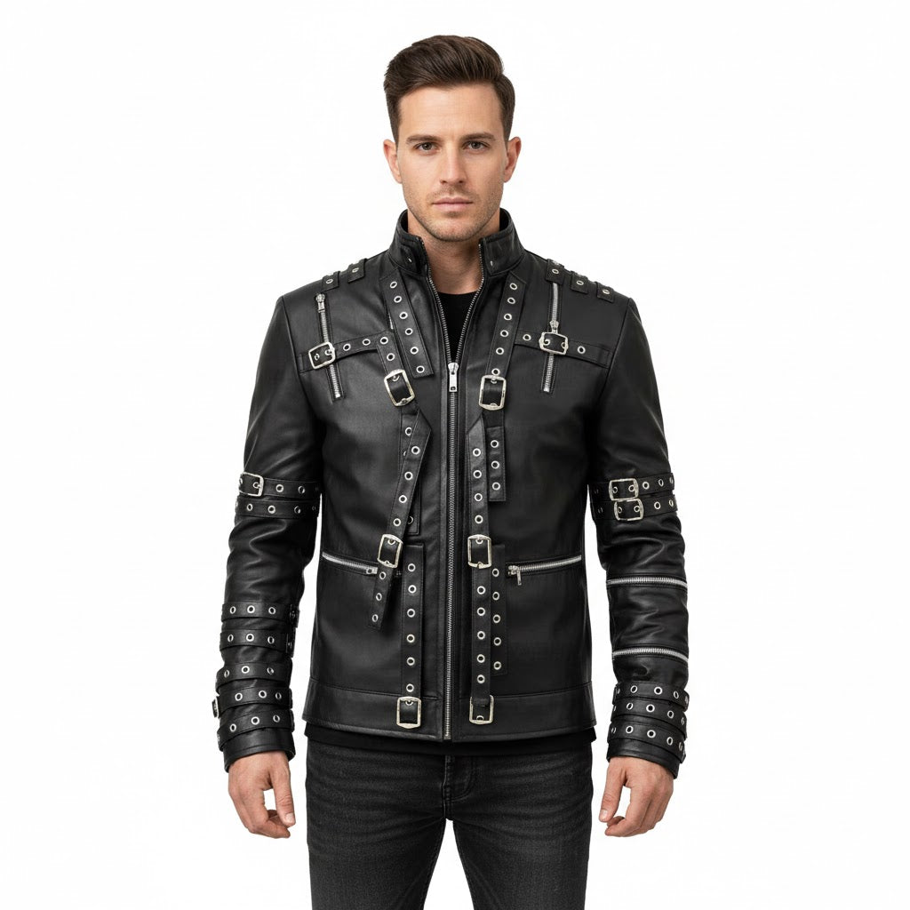 Men's Black Leather Biker Jacket Premium - Front