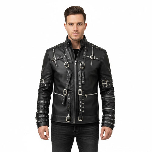 Men's Black Leather Biker Jacket Premium - Front