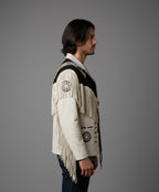 White Leather Western Jacket with Black Fringe - Back