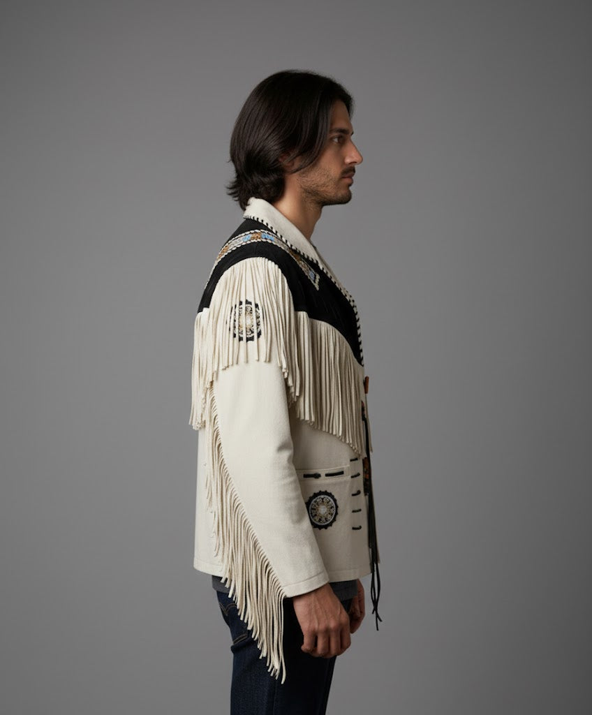 White Leather Western Jacket with Black Fringe - Back