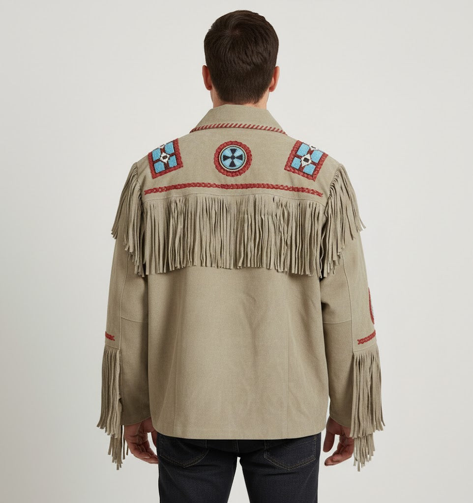 Men's Western Cowboy Suede Fringe Beaded Native Jacket - Left