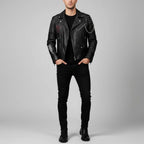 Men's Studded Lambskin Leather Biker Jacket - Front
