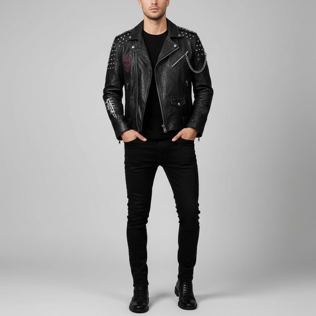 Men's Studded Lambskin Leather Biker Jacket - Front