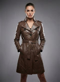 Women's Brown Leather Trench Coat Elegant Long - Front