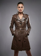 Women's Brown Leather Trench Coat Elegant Long - Front