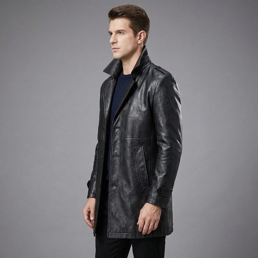 Men's Classic Real Leather Trench Coat - Left