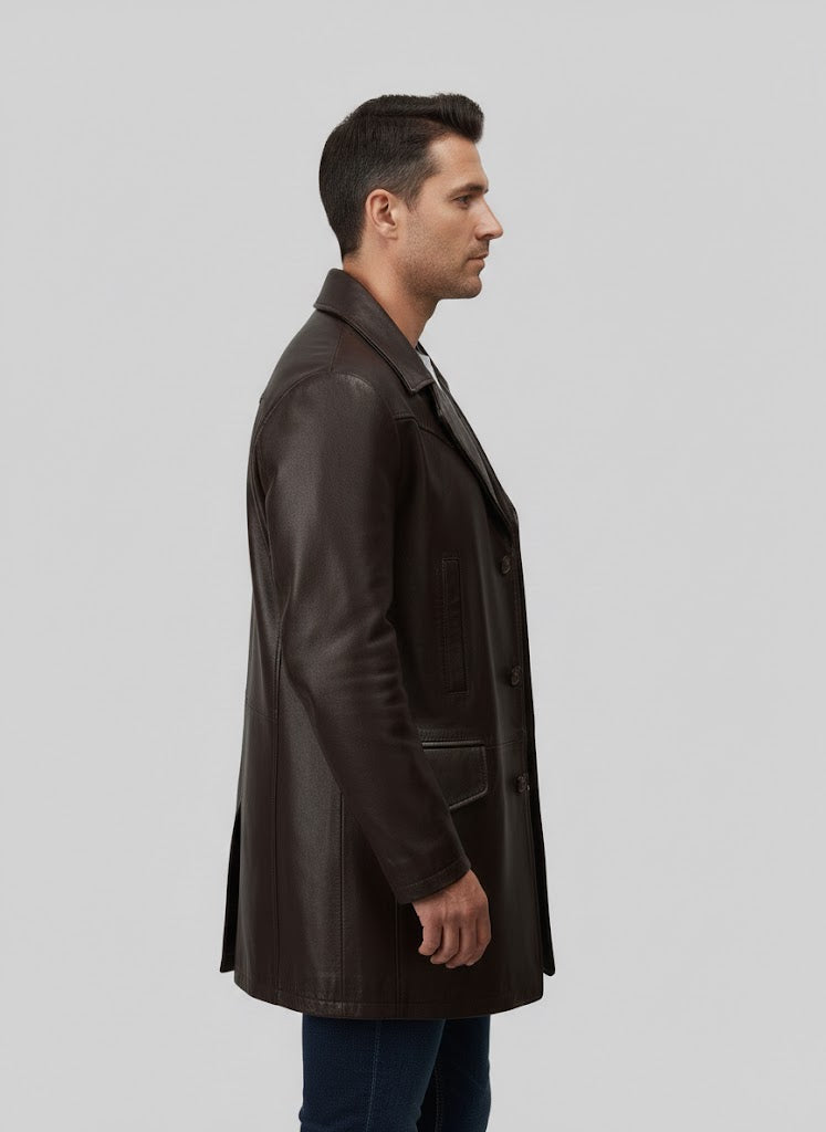 Men's Brown Genuine Leather Trench Coat - Left