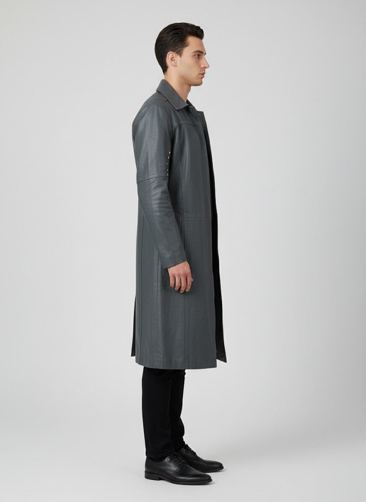 Charlton Grey Leather Single Breasted Coat - Left
