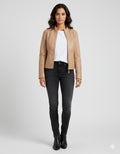 Women's Beige Collarless Leather Jacket - Front