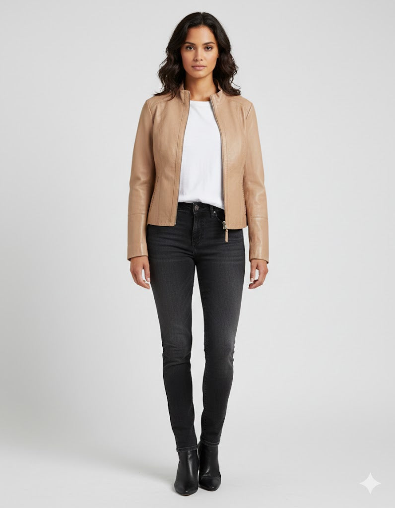 Women's Beige Collarless Leather Jacket - Front