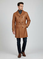 Handmade Tan Brown Leather Trench Coat - Front
