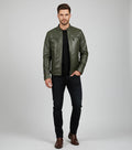 Men's Olive Green Cafe Racer Leather Jacket - Front