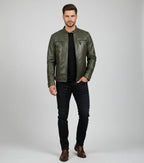 Men's Olive Green Cafe Racer Leather Jacket - Front