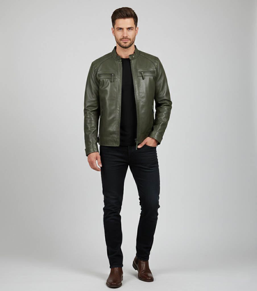 Men's Olive Green Cafe Racer Leather Jacket - Front