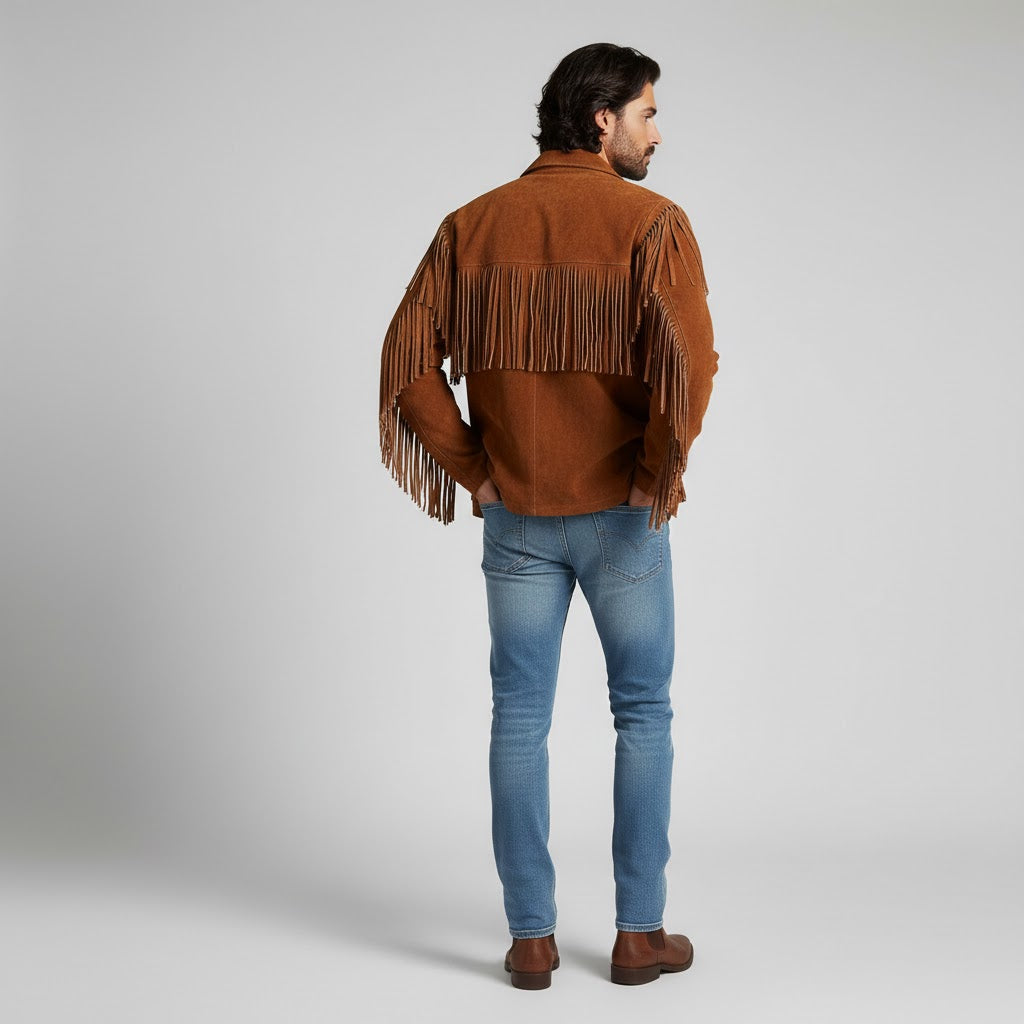 Men's Western Style Fringe Leather Jacket - Left