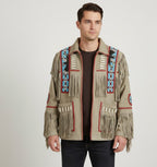 Men's Western Cowboy Suede Fringe Beaded Native Jacket - Front