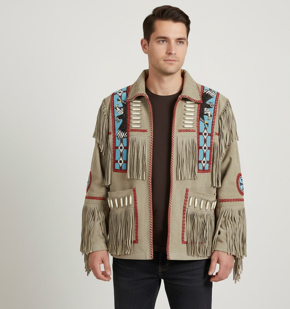 Men's Western Cowboy Suede Fringe Beaded Native Jacket - Front