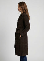 Women's Dark Brown Suede Leather Long Coat - Left