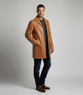 Men's Camel Brown Leather Car Coat Classic Style - Front