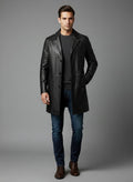 Men's Cowhide Black Long Leather Coat - Front