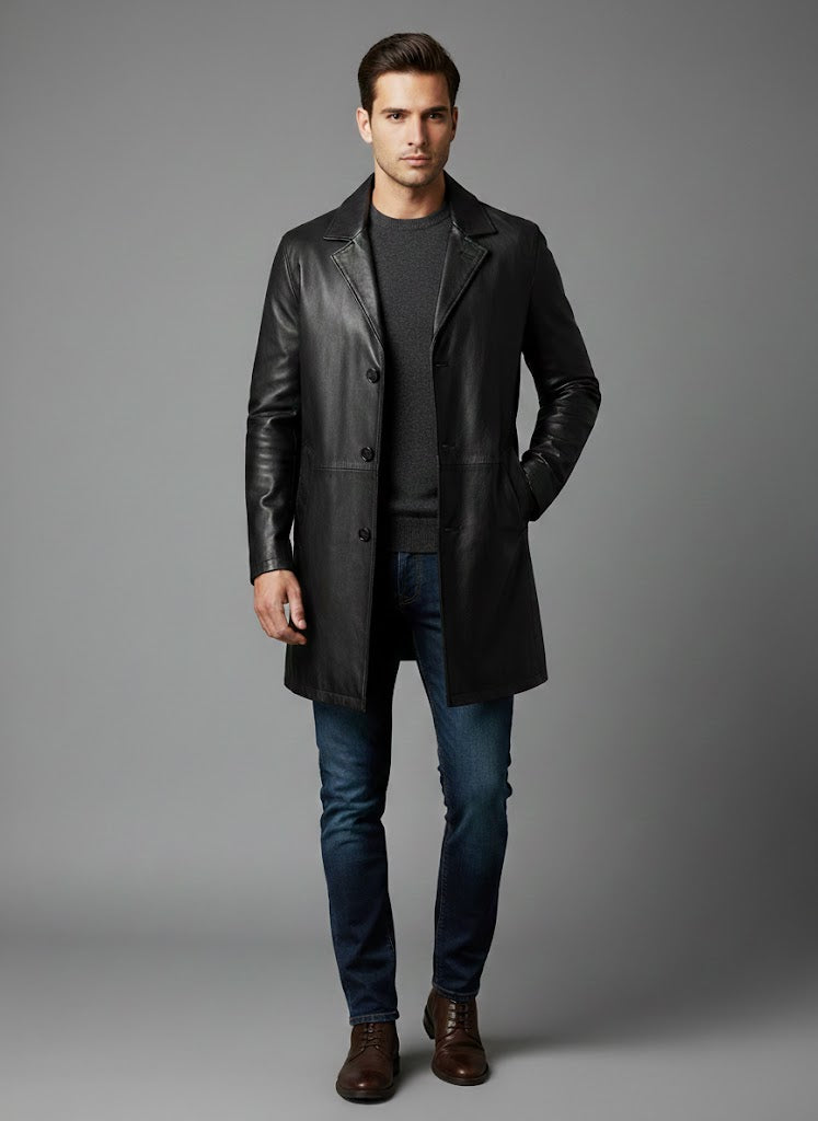 Men's Cowhide Black Long Leather Coat - Front