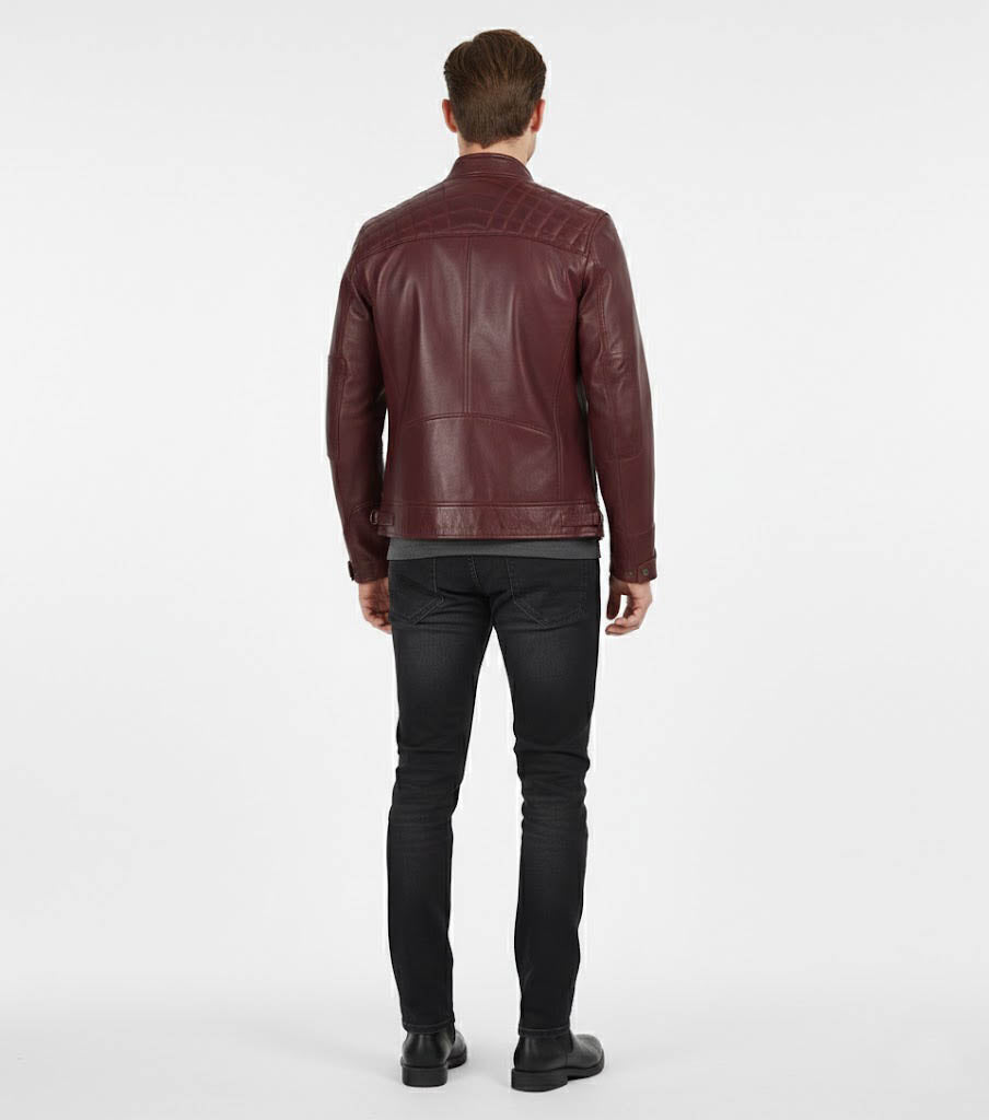 Maroon Cafe Racer Leather Jacket for Men - Back