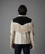 White Leather Western Jacket with Black Fringe - Left
