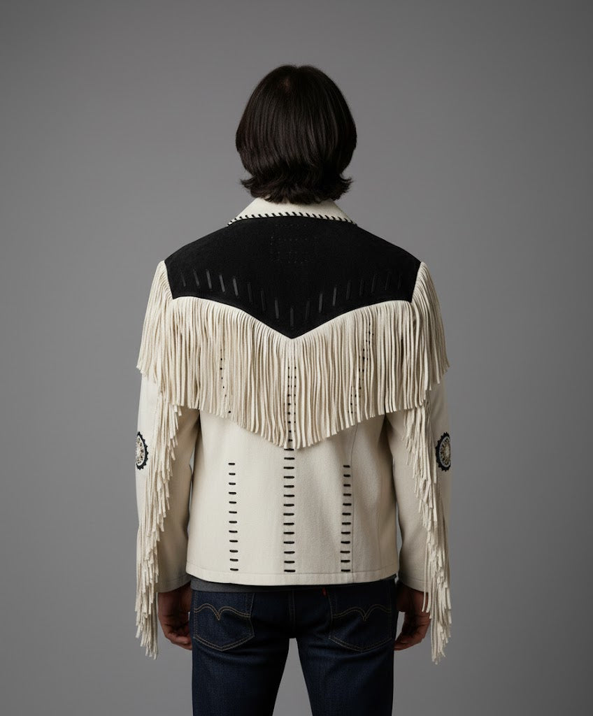 White Leather Western Jacket with Black Fringe - Left