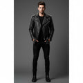 Men's Black Leather Jacket With Spikes - Front