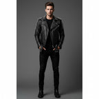 Men's Black Leather Jacket With Spikes - Front