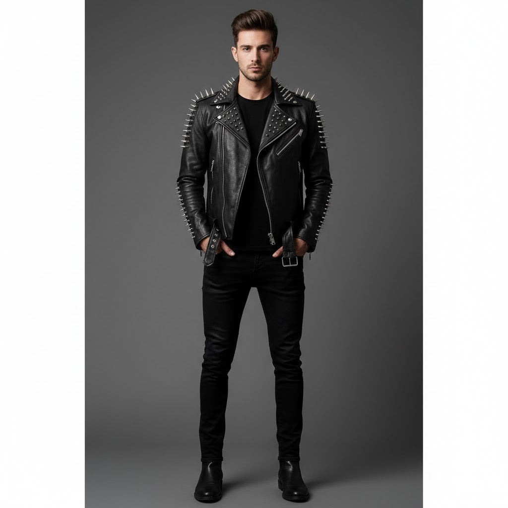 Men's Black Leather Jacket With Spikes - Front