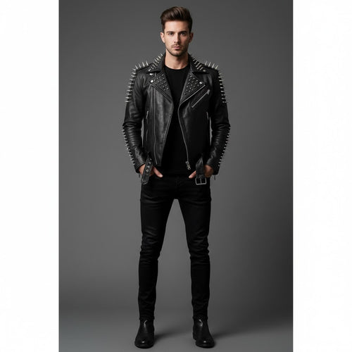 Men's Black Leather Jacket With Spikes - Front