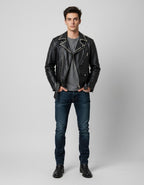 Men's Black Studded Leather Jacket - Front