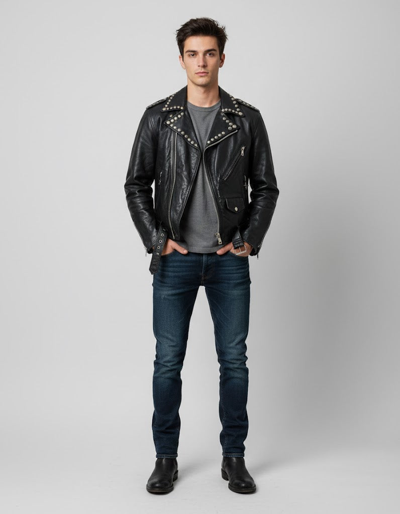 Men's Black Studded Leather Jacket - Front