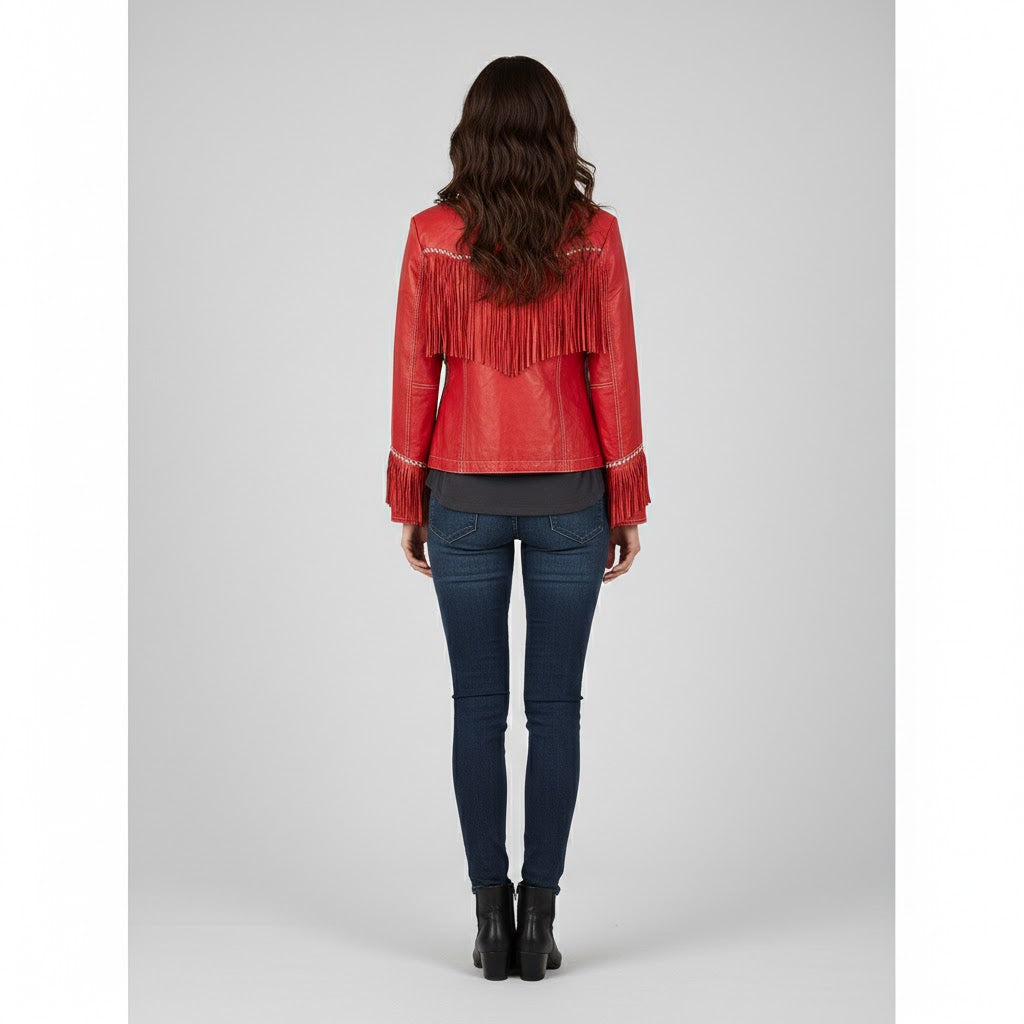 Women's Red Fringe Western Leather Jacket Handcrafted - Left