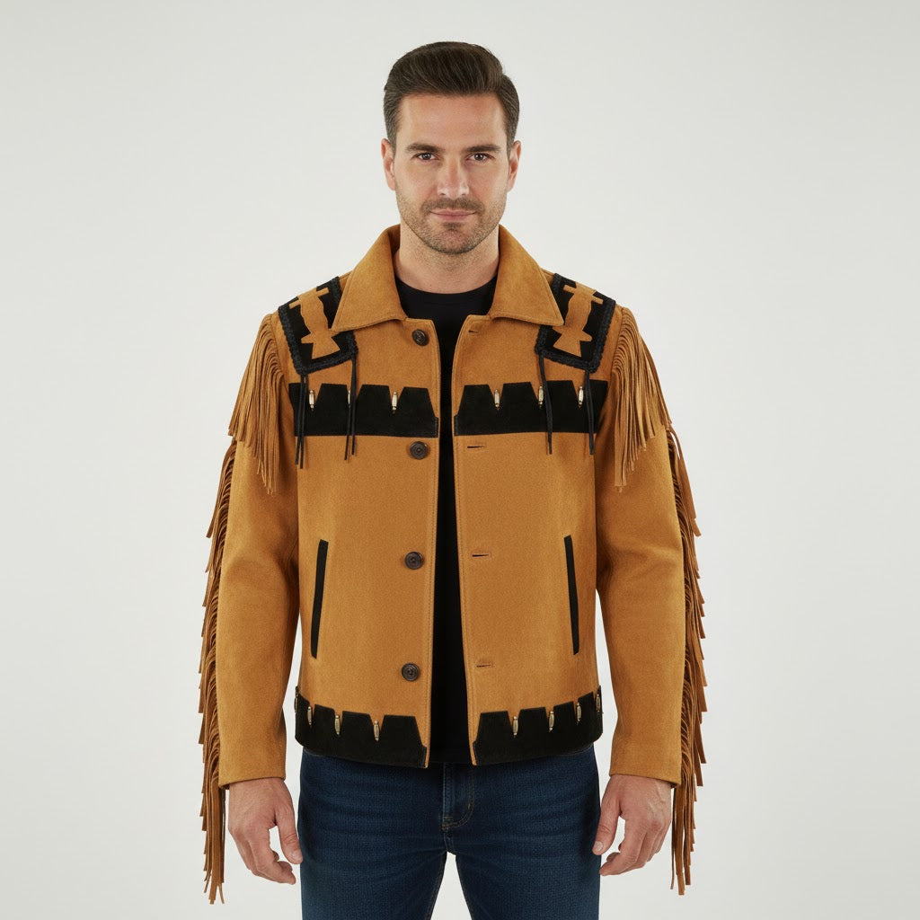 Men's Brown Fringed Suede Cowboy Jacket - Front