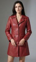 Women's Maroon PU Leather Trench Coat - Front