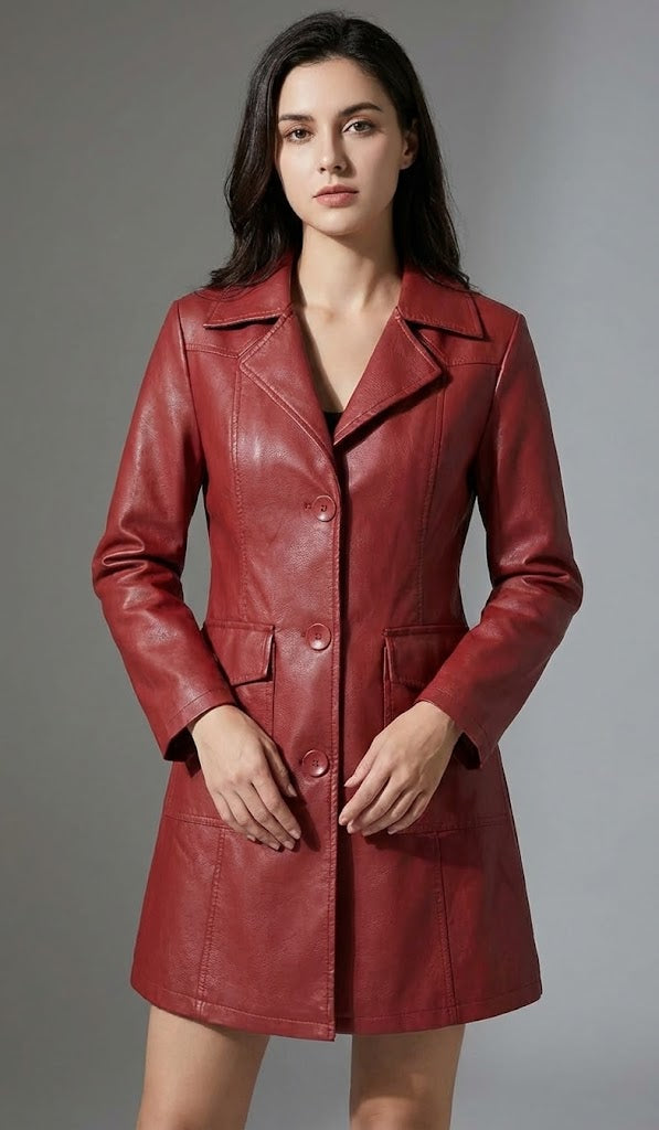 Women's Maroon PU Leather Trench Coat - Front