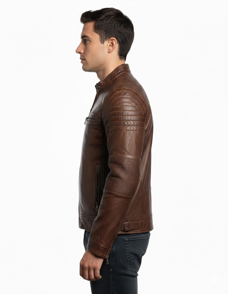 Brown Cafe Racer Leather Jacket for Men - Back